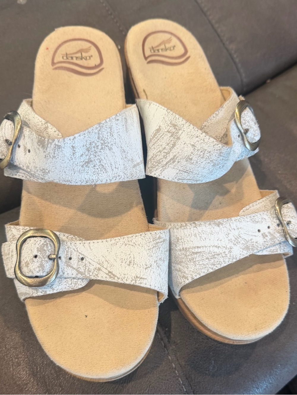 Dansko White Metallic Double Buckle Slide Sandals